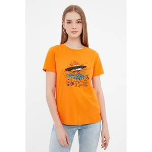 Trendyol Orange Printed Basic Knitted T-Shirt