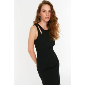 Trendyol Black Slit and Button Detailed Corduroy Knitted Dress