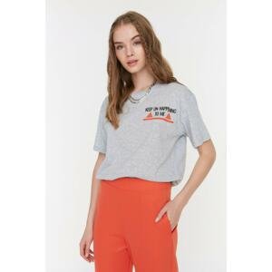 Trendyol Gray Front and Back Printed Boyfriend Knitted T-Shirt