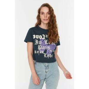 Trendyol Indigo Printed Crop Knitted T-Shirt