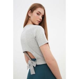 Trendyol Gray Tie Detailed Crop Knitted Blouse