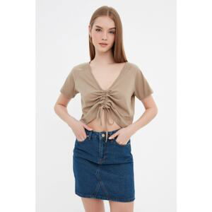 Trendyol Mink Pleated Crop Knitted Blouse