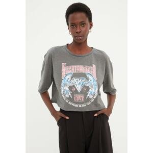 Trendyol Anthracite Washed Loose Crop Printed Knitted T-Shirt