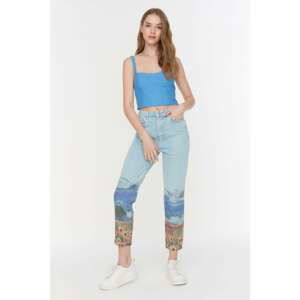 Trendyol Light Blue Printed High Waist Mom Jeans