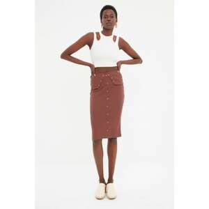Trendyol Brown Snap Detailed Corduroy Knitted Midi Skirt