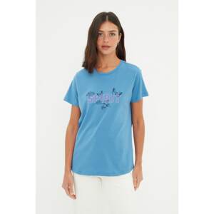 Trendyol Indigo Printed Basic Knitted T-Shirt