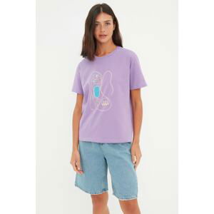 Trendyol Purple Printed Semi-Fit Knitted T-Shirt