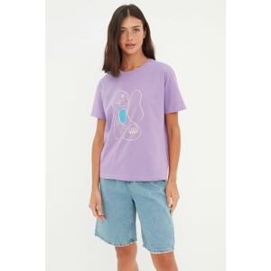 Trendyol Purple Printed Semi-Fit Knitted T-Shirt