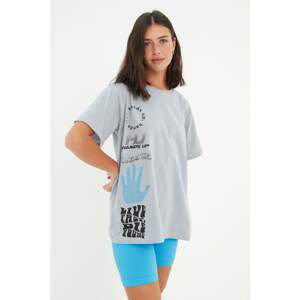 Trendyol Gray Printed Boyfriend Knitted T-Shirt