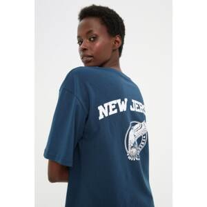 Trendyol Navy Blue Back Printed Loose Pattern Knitted T-Shirt