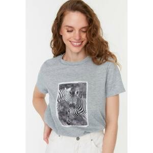 Trendyol Gray Printed Stand Up Collar Basic Knitted T-Shirt