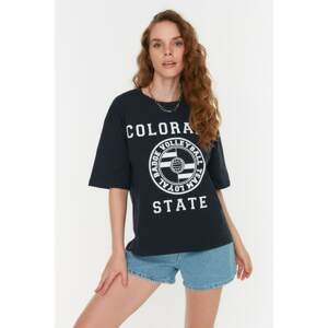 Trendyol Navy Blue Printed Loose Knitted T-Shirt