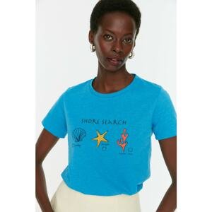 Trendyol Blue Recycle Printed Basic Knitted T-Shirt