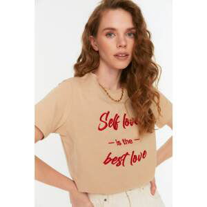 Trendyol Beige Embroidered Basic Knitted T-Shirt