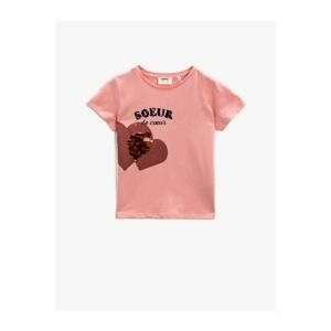Koton Girl's Pink Printed Cotton Short Sleeve Sequin T-Shirt