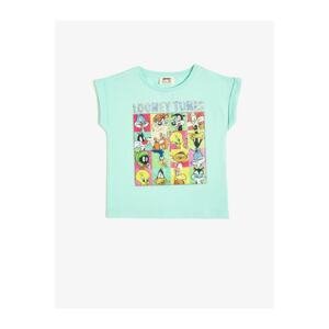 Koton Girl's Green Printed Short Sleeve Crew Neck T-Shirt