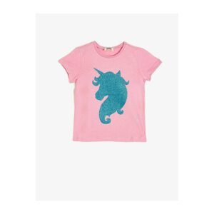 Koton Girl's Pink Crew Neck Short Sleeve Glitter Detailed T-Shirt
