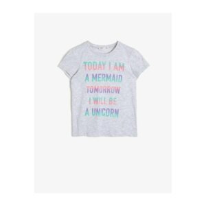 Koton Girl's Gray Melange Cotton Soft Glittery Text Printed Short Sleeved T-Shirt