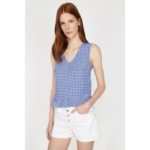 Koton Women's Blue V-Neck Sleeveless Check Blouse