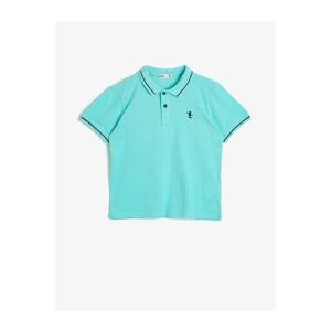 Koton Boy's Green Polo Neck Cotton Buttoned Stripe Detailed Embroidered Short Sleeved T-Shirt