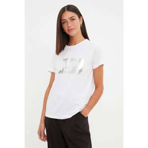 Trendyol White Foil Printed Basic Knitted T-Shirt
