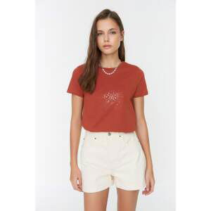 Trendyol Brown Printed Basic Knitted T-Shirt