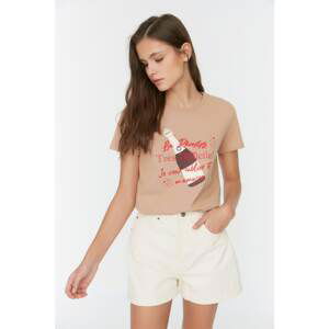 Trendyol Beige Printed Basic Knitted T-Shirt