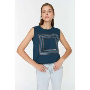Trendyol Navy Blue Printed Basic Knitted T-Shirt