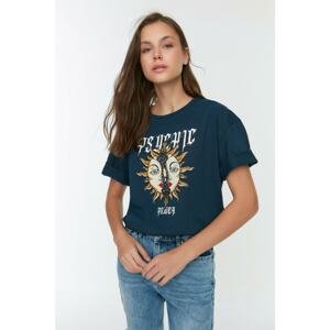Trendyol Navy Blue Printed Loose Pattern Knitted T-Shirt