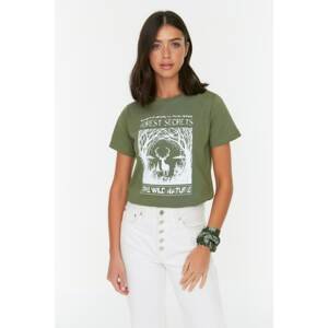 Trendyol Khaki 100% Organic Cotton Printed Basic Knitted T-Shirt