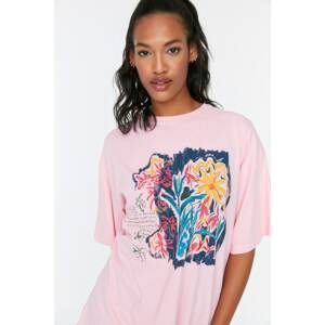 Trendyol Pink Printed Oversized Knitted T-Shirt