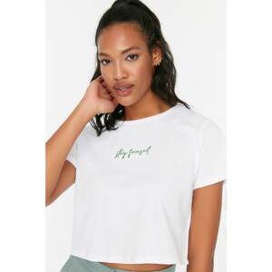 Trendyol White Embroidered Crop Knitted T-Shirt