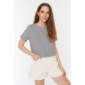 Trendyol Dolphin Gray Embroidered Crop Knitted T-Shirt