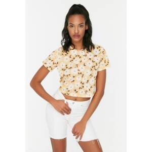 Trendyol Yellow Printed Crop Knitted T-Shirt