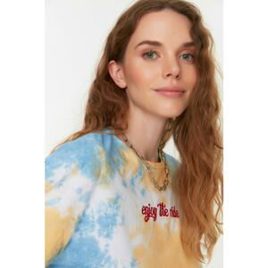 Trendyol Blue Tie Dye Printed Crop Knitted T-Shirt