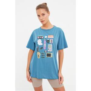 Trendyol Indigo Printed Boyfriend Knitted T-Shirt