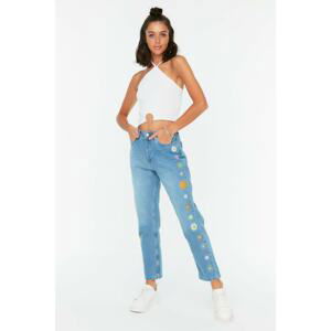 Trendyol Blue Embroidered High Waist Straight Jeans