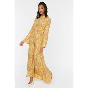 Trendyol Mustard Floral Patterned Knit Detailed Waist Woven Dress