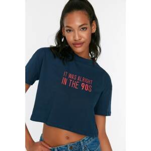 Trendyol Navy Blue Printed Crop Stand Up Collar Knitted T-Shirt