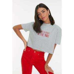 Trendyol Gray Printed Crop Stand Up Knitted T-Shirt