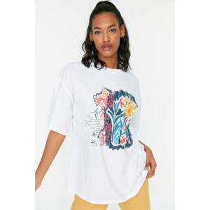 Trendyol White Printed Oversized Knitted T-Shirt