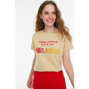 Trendyol Beige Printed Basic Knitted T-Shirt