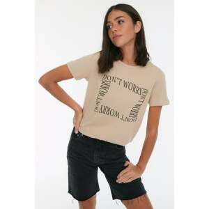 Trendyol Beige Printed Basic Knitted T-Shirt