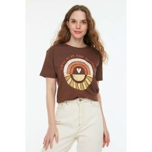 Trendyol Brown Printed Semi-Fitted Knitted T-Shirt