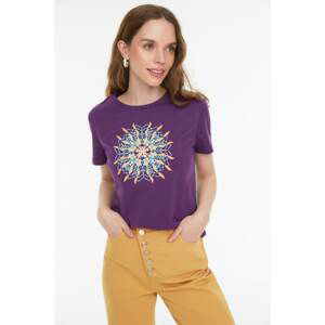 Trendyol Purple Printed Basic Knitted T-Shirt