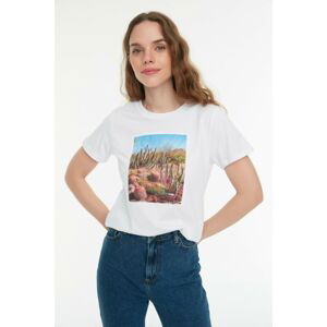 Trendyol White Printed Basic Knitted T-Shirt