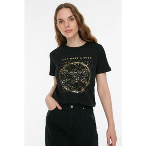 Trendyol Black Foil Printed Basic Knitted T-Shirt