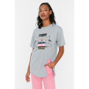 Trendyol Gray Printed Boyfriend Knitted T-Shirt