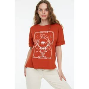 Trendyol Cinnamon Printed Loose Knitted T-Shirt