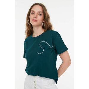 Trendyol Dark Green Printed Semi-Fitted Knitted T-Shirt